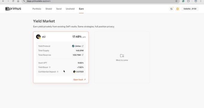A screenshot of the Primus app interface showing the 'Yield Market' for zrU at 17.48% APY on the app.primuslabs.xyz domain.