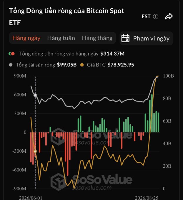 A dark-themed financial dashboard titled 'Tổng Dòng tiền ròng của Bitcoin Spot ETF' (Total Net Flow of Bitcoin Spot ETF) showing daily net inflow of $314.37M, BTC price at $78,925.95, and total assets of $99.05B from SoSoValue.