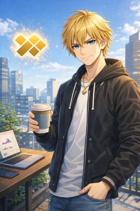 An anime-style illustration shows a blonde-haired young man in a black hoodie holding a coffee cup, with a Binance logo floating nearby and a laptop displaying charts on a balcony overlooking a city skyline. The Binance logo and chart-themed laptop visually reinforce the post's focus on crypto opportunities, specifically the $GFIN airdrop and governance allocation guide.