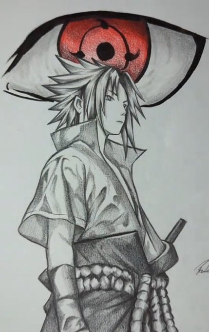 A pencil drawing of an anime-style character with spiky hair wearing a kimono, with a large red eye motif behind him.