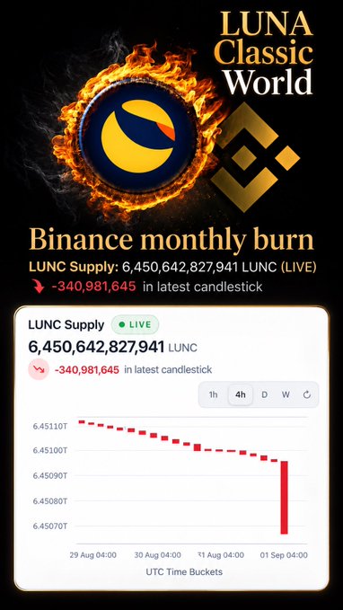 The image displays a "Luna Classic World" infographic showing Binance's monthly burn, highlighting a LUNC Supply of 6,450,642,827,941 with a recent reduction of -340,981,645 tokens on September 1st, visualized through a downward-trending candlestick chart.