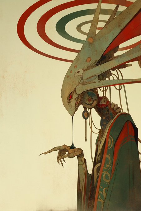 A digital illustration depicts an abstract, robotic figure in ornate teal and orange robes with a large horned headpiece, set against concentric circular patterns.