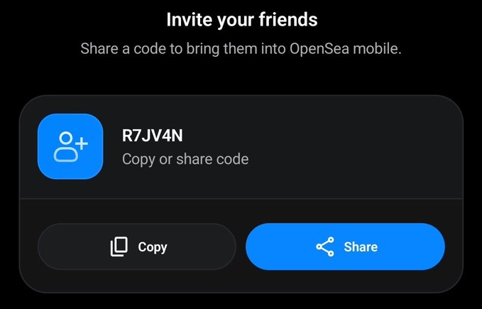 An OpenSea mobile app screen displays 'Invite your friends' with the referral code 'R7JV4N' and Copy/Share buttons.
