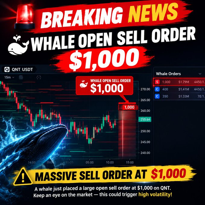 A 'Breaking News' style graphic about crypto with the headline 'WHALE OPEN SELL ORDER $1,000' for QNT USDT, showing a trading chart with whale orders and a warning about high volatility.