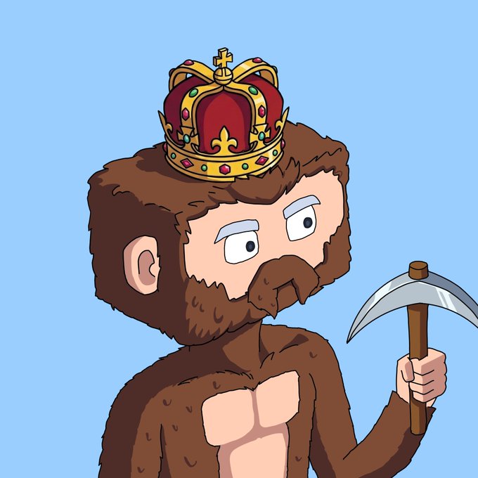A cartoonish bearded monkey wearing a jeweled crown holds a pickaxe, symbolizing the user's active role as a crypto miner/trader digging through various opportunities in the digital asset space.