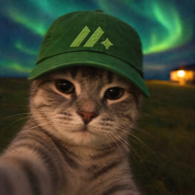 A close-up selfie-style image of a tabby cat wearing a green cap with an emblem, set against a background of green aurora borealis and a distant lit cabin.