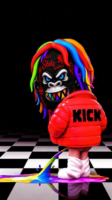 A stylized 3D character with a rainbow-haired gorilla head and a red puffer jacket emblazoned with "KICK" stands on a checkered floor, with "Stake" and "soaked" visible as text on the gorilla mask. The image serves as promotional artwork for the $4,300 Stake Bonus Hunt featuring kick.com/soaked, tying the KICK branding to the streaming event.
