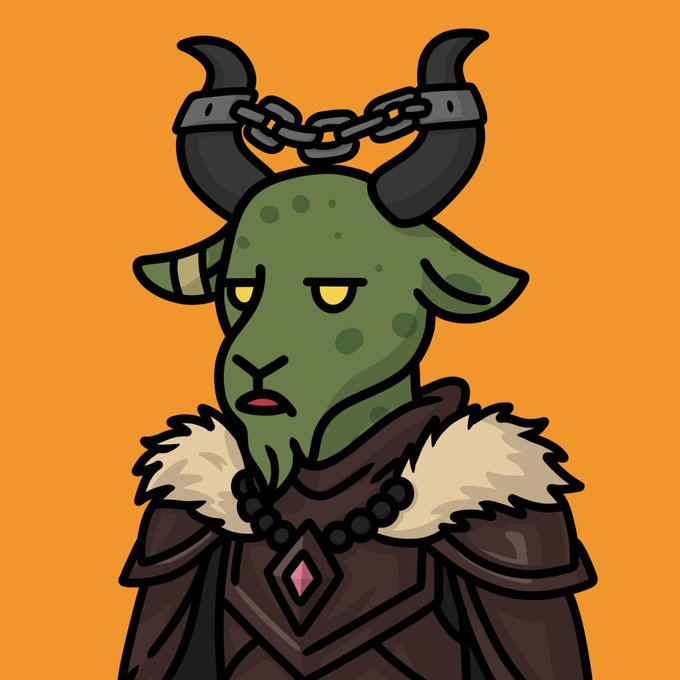 A cartoon illustration of a green, horned creature with chains wrapped around its horns, wearing a dark robe with fur trim and a beaded necklace with a pink gem pendant, set against an orange background.