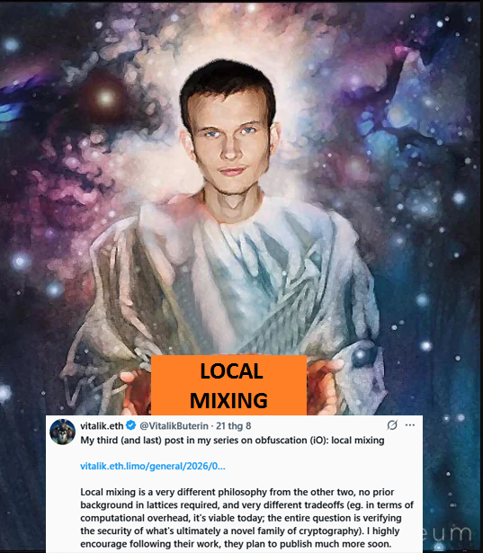 An artistic portrait of Vitalik Buterin overlaid with a tweet from @VitalikButerin about 'LOCAL MIXING' and his third post in a series on obfuscation (IO).