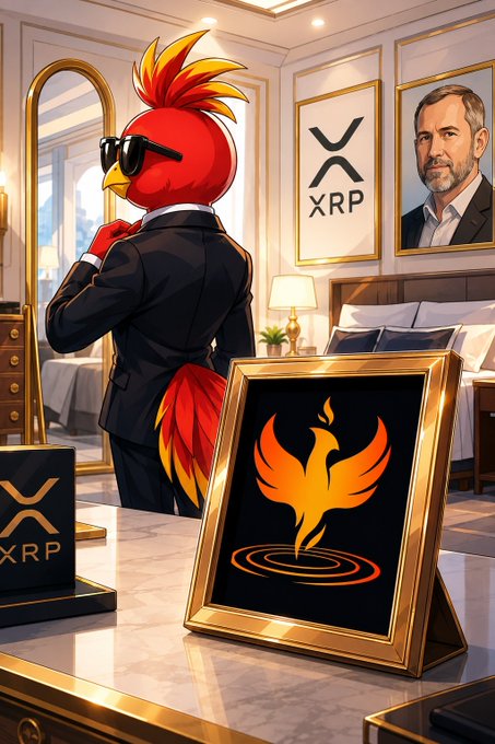 Digital artwork depicting a stylized red bird character wearing a black suit and sunglasses, standing in a luxury hotel room with XRP logos and a portrait of Ripple CEO Brad Garlinghouse on the wall.