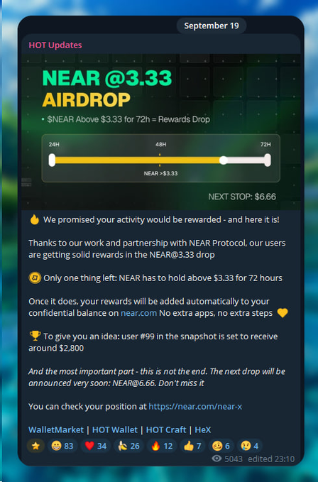 A Telegram message dated September 19 announcing a 'NEAR @3.33 AIRDROP', explaining a 72-hour requirement for NEAR to hold above $3.33 for a rewards drop on near.com.