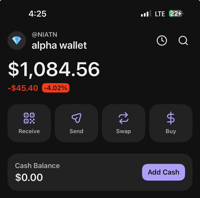A screenshot of an Alpha Wallet crypto app showing a balance of $1,084.56 with a -$45.40 (-4.02%) decline, featuring Receive, Send, Swap, and Buy buttons, with the handle @NIATN visible.