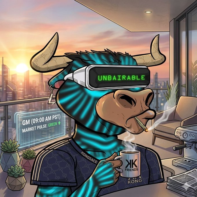 The image features a cartoon bull character wearing blue glasses and holding a coffee cup while standing at a desk or table. The background shows an urban cityscape with buildings and a sunset, creating a contrast between the whimsical cartoon character and the realistic setting. The caption "Gm gm, market' looking good again" suggests that the image is related to a post about the bull's appearance in the cartoon.