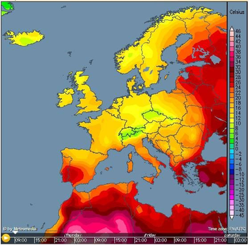 A colorful weather temperature map of Europe showing heat distribution with red, orange, and yellow zones indicating high temperatures, with a Celsius scale on the right and a timestamp indicating July 23, 2019.
