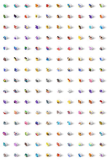 A grid pattern of many small, colorful 3D objects resembling stylized animal figures or abstract shapes arranged in rows on a white background.