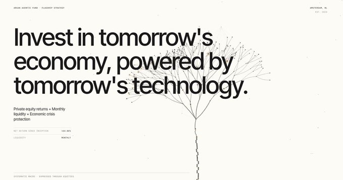 A sleek, minimalist webpage design for "ARBOR ROBOTIC FUND – ELASERGY STRATEGY" featuring the bold headline "Invest in tomorrow's economy, powered by tomorrow's technology," alongside a delicate line-drawn tree illustration and details about private equity returns, monthly liquidity, and economic crisis protection. The image visually reinforces the post's message about agents bringing RWA (Real World Asset) hedge-fund strategies—represented by the sophisticated Arbor Robotic Fund platform—directly to investors through accessible, technology-driven portfolio management by Wall3 Labs.