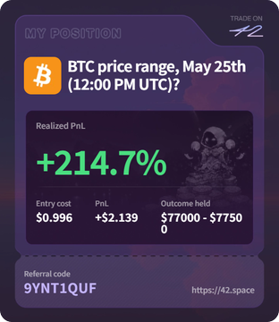 The image shows a purple background with white text, displaying information about Bitcoin prices for May 25th. The text includes details such as the price range, entry cost, and exit cost of the Bitcoin. There are also two codes present on the image - one is a referrer code that could be used to access more information or follow up on an issue, while the other is a hashcode (#42space) which might be related to a specific post or discussion about Bitcoin prices.