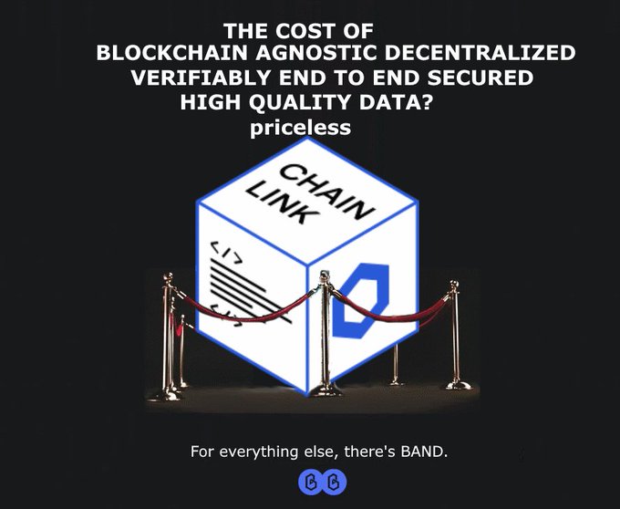 A promotional graphic featuring a Chainlink logo cube displayed behind red velvet rope barriers against a black background, with bold text declaring "THE COST OF BLOCKCHAIN AGNOSTIC DECENTRALIZED VERIFIABLY END TO END SECURED HIGH QUALITY DATA? priceless," followed by "For everything else, there's BAND" and a BAND token logo. The image satirizes the high cost of premium oracle services like Chainlink (referenced in the post's $70k price feed estimate), positioning BAND as the more affordable alternative.