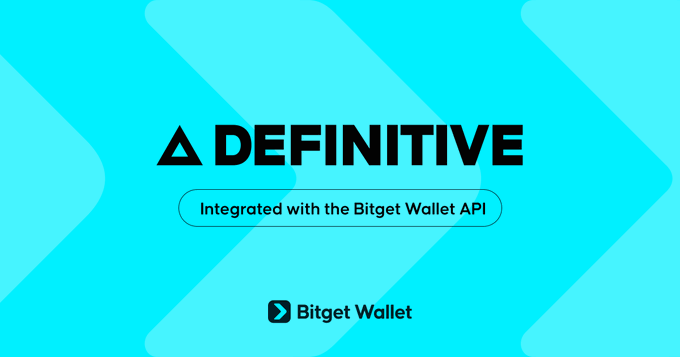 The image features a banner with the text "Definitive" written in black letters at the top, followed by an arrow pointing downwards. Below this, there's a logo for Bitget Wallet that reads "integrated with the Bitget Wallet API". The image also includes a link to the Bitget wallet page on their website, which is located at www.bitget.com/en/enterprise/.