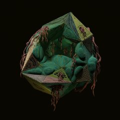A dark 3D-rendered fantasy object, appearing as a multifaceted geometric sphere covered in green moss-like textures, small skulls, and dangling tendrils against a black background.