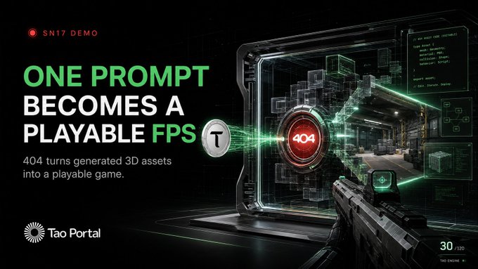 A promotional graphic for SN17's "One Prompt Becomes a Playable FPS" demo, featuring the Tao Portal logo and text explaining that 404 turns generated 3D assets into a playable game, with a first-person shooter scene visible through a futuristic portal interface.