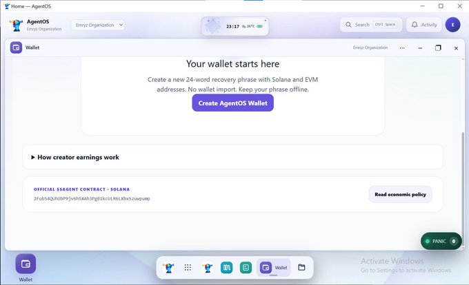 A screenshot of the AgentOS web application showing a wallet setup page with the prompt 'Your wallet starts here' and a 'Create AgentOS Wallet' button, displaying a Solana contract address.