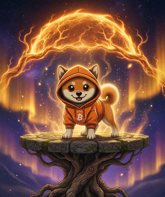 A digital illustration of a cute Shiba Inu dog wearing an orange hoodie with the Bitcoin logo, standing on a floating stone platform with a fiery celestial body in the background.