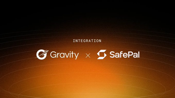 A promotional graphic on an orange background announces an 'INTEGRATION' between Gravity and SafePal, featuring both companies' logos.