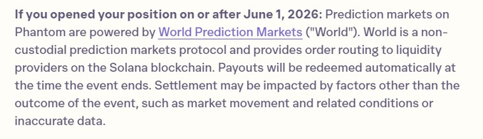 The image displays a disclaimer text explaining that prediction markets on Phantom opened on or after June 1, 2026, are powered by World Prediction Markets ("World"), a non-custodial protocol on Solana with automatic payouts upon event settlement. This relates to the post hinting at a new Chainlink (LINK) prediction market potentially launching on the platform.