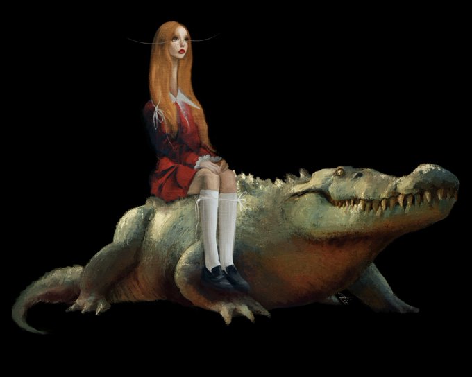 The image features a woman sitting on top of an alligator statue. The scene takes place against a black background, which contrasts with the vibrant colors of the woman's red dress and white stockings. The caption reads "GM birds Tezos hit levels I genuinely never expected to see again. Which means some of my 1/1s are now accidentally affordable. A historic moment for collectors, I guess".