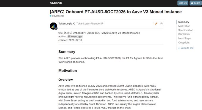 Screenshot of an Aave governance forum post titled '[ARFC] Onboard PT-AUSD-80CT2026 to Aave V3 Monad Instance' by TokenLogic, proposing onboarding AUSD stablecoin to the Aave V3 instance on Monad.