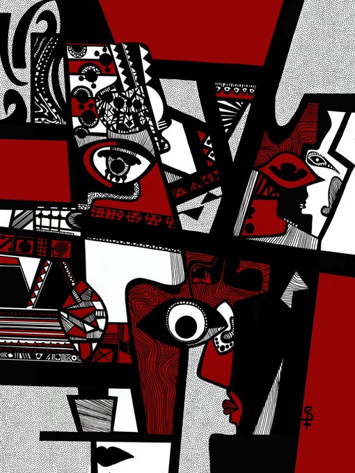 A bold abstract cubist painting in red, black, and white featuring stylized faces, eyes, and geometric patterns, signed with a monogram in the bottom right.