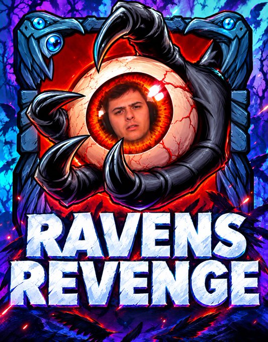 A digital artwork titled 'RAVENS REVENGE' featuring a monstrous clawed creature with a giant bloodshot eyeball for a face, which contains a young man's face within its iris.