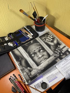 An open sketchbook on a desk displays a detailed pencil portrait of a man gripping the bars of a window, accompanied by art supplies including colored pencils, brushes, and an open paint set, capturing the artist's creative process in producing the new masterpiece announced for @xrpcafe.