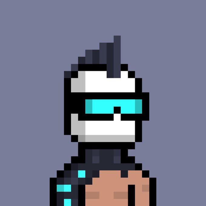 Pixel art portrait of a character with a white helmet, cyan visor, and antenna against a purple-gray background, showing a stylized robotic or sci-fi figure.