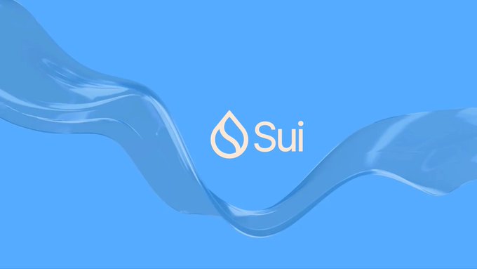 The Sui cryptocurrency logo featuring a white water drop symbol and the word 'Sui' on a blue background with flowing wave graphics.