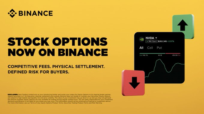 A Binance advertisement promoting 'STOCK OPTIONS NOW ON BINANCE' with the tagline 'COMPETITIVE FEES. PHYSICAL SETTLEMENT. DEFINED RISK FOR BUYERS' and a chart showing NVDA options data.
