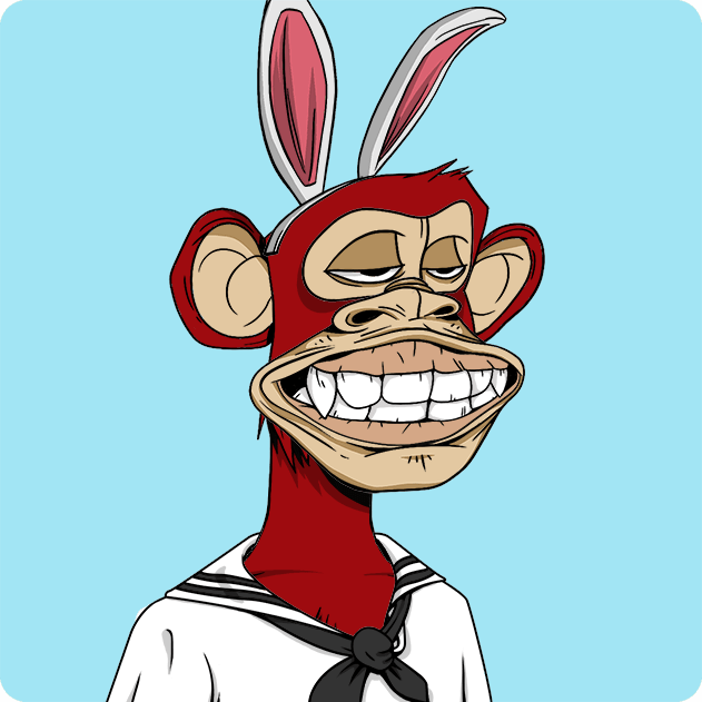 A cartoon illustration of a red monkey wearing bunny ears and a sailor outfit, grinning widely against a teal background.