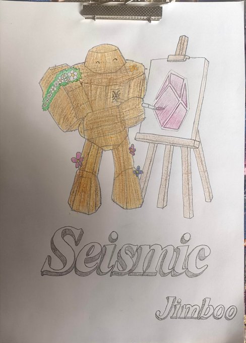 A hand-drawn artwork on paper depicting a yellow/gold robot painting a pink gem on an easel, with the title "Seismic" and signed "Jimboo".