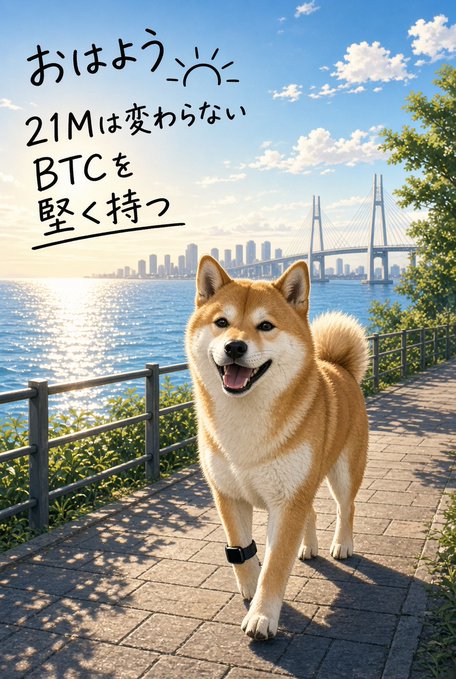 An illustrated Shiba Inu dog walks along a seaside path with a bridge in the background, accompanied by Japanese text reading 'おはよう' and '21Mは変わらない BTCを 堅く持つ' (Good morning, 21M won't change, hold BTC firmly).