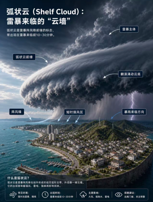 An infographic explaining shelf clouds (弧状云) as a warning sign preceding thunderstorms, labeling parts like the cloud edge, rolling base, gust front, and storm direction.