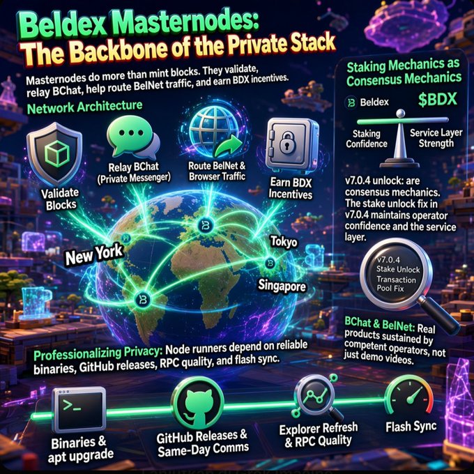 An infographic titled 'Beldex Masternodes: The Backbone of the Private Stack' detailing network architecture, staking mechanics for the $BDX token, and v7.0.4 updates.