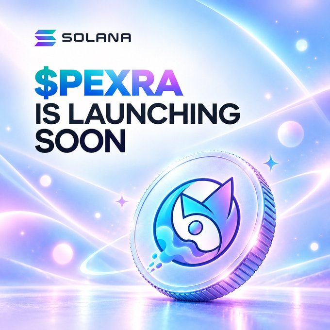 A promotional graphic for $PEXRA displays the Solana logo and "$PEXRA IS LAUNCHING SOON" alongside a stylized rocket coin, visually reinforcing the post's announcement of the meme coin's October 5th launch on the Solana blockchain with an airdrop for early participants.