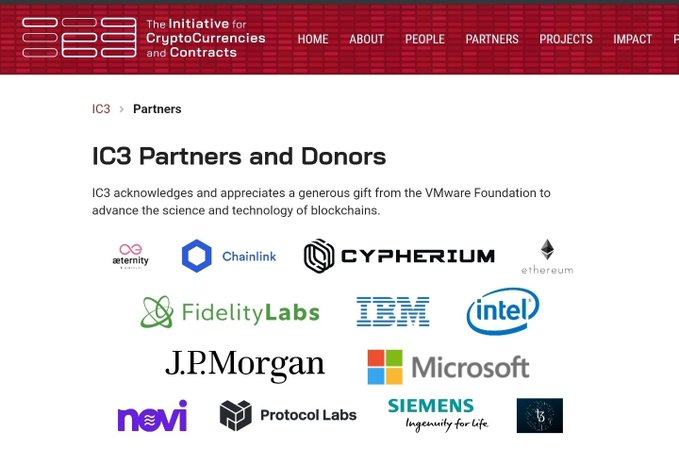 A screenshot of the IC3 (Initiative for CryptoCurrencies and Contracts) Partners page, acknowledging a gift from the VMware Foundation and displaying logos of partners and donors including aeternity, Chainlink, Cypherium, Ethereum, Fidelity Labs, IBM, Intel, J.P. Morgan, Microsoft, Novi, Protocol Labs, and Siemens.