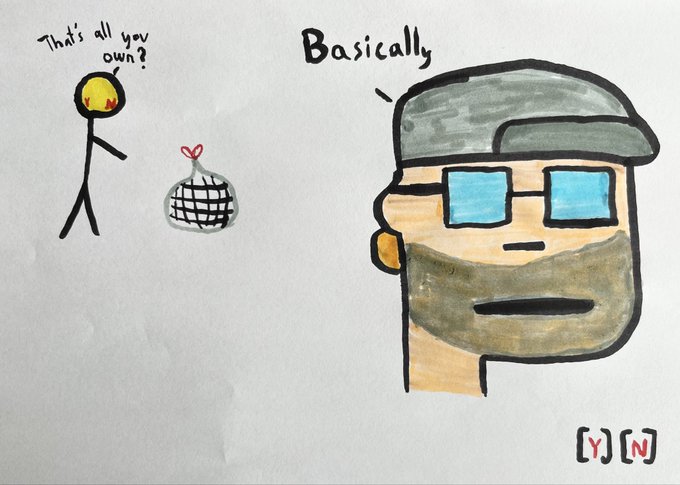 A hand-drawn cartoon shows a stick figure with a flaming head looking at a small fenced-in plant, while a large, unimpressed character wearing glasses and a cap says 'Basically'.