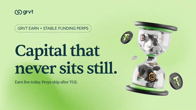 An ad for GRVT ("GRVT EARN + STABLE FUNDING PERPS") featuring the headline "Capital that never sits still" with an hourglass and floating GRVT coins, visually reinforcing the post's point about putting idle capital to work through earning and perpetual futures in one unified balance.