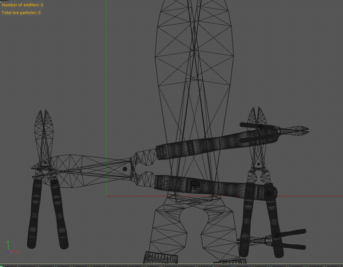 A 3D wireframe model of a mechanical robot or drone is displayed in a dark gray editor interface with red, green, and blue axis lines.