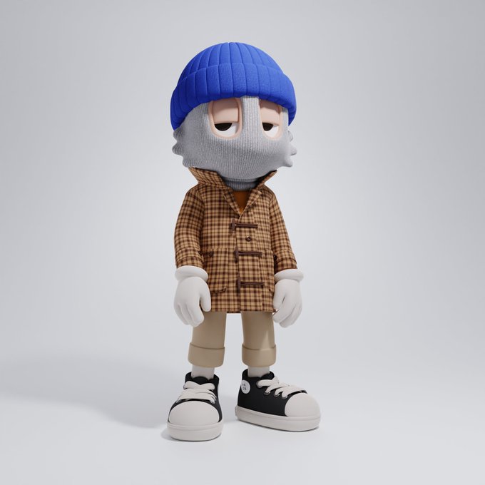 A 3D render of a character with a gray face and blue beanie, wearing a brown plaid toggle coat, white gloves, and black and white sneakers.