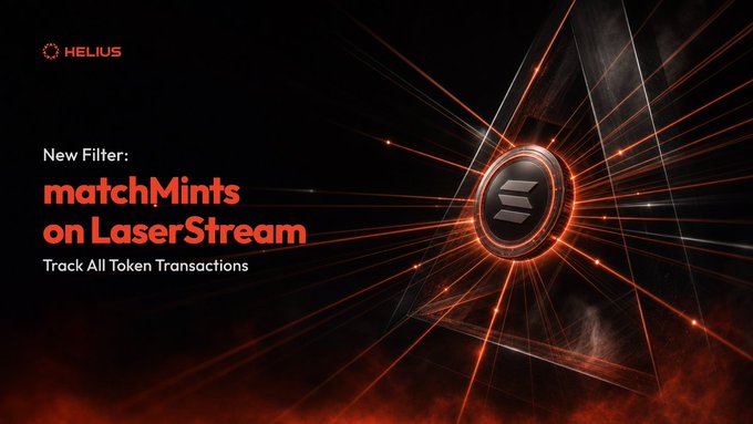 A dark, glowing promotional graphic with red light effects displaying 'HELIUS' and announcing a 'New Filter: matchMints on LaserStream' to 'Track All Token Transactions'.