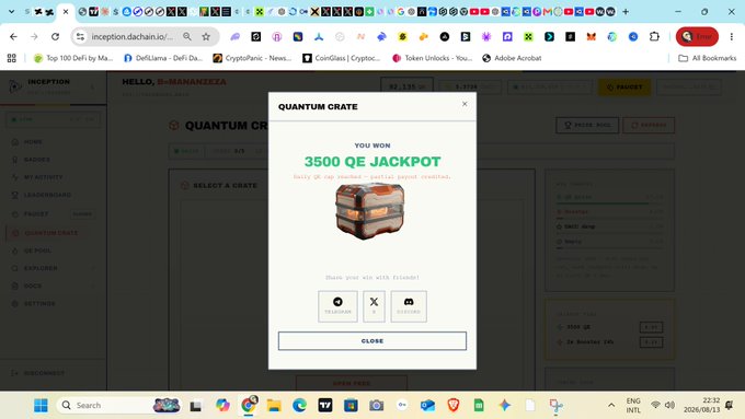 A screenshot from inceptiondachain.io shows a 'QUANTUM CRATE' pop-up declaring 'YOU WON 3500 QE JACKPOT,' featuring an image of a treasure chest and share options for Telegram, X, and Reddit.